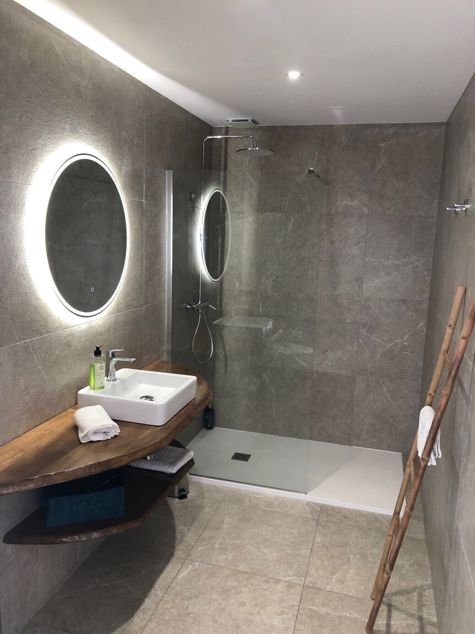 deluxe room | bathroom | shower, hydromassage showerhead, hair dryer, towels