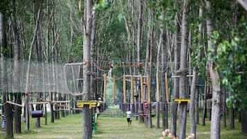 Un circuito de obstáculos al aire libre con estructuras de malla y plataformas de madera, rodeado de árboles.