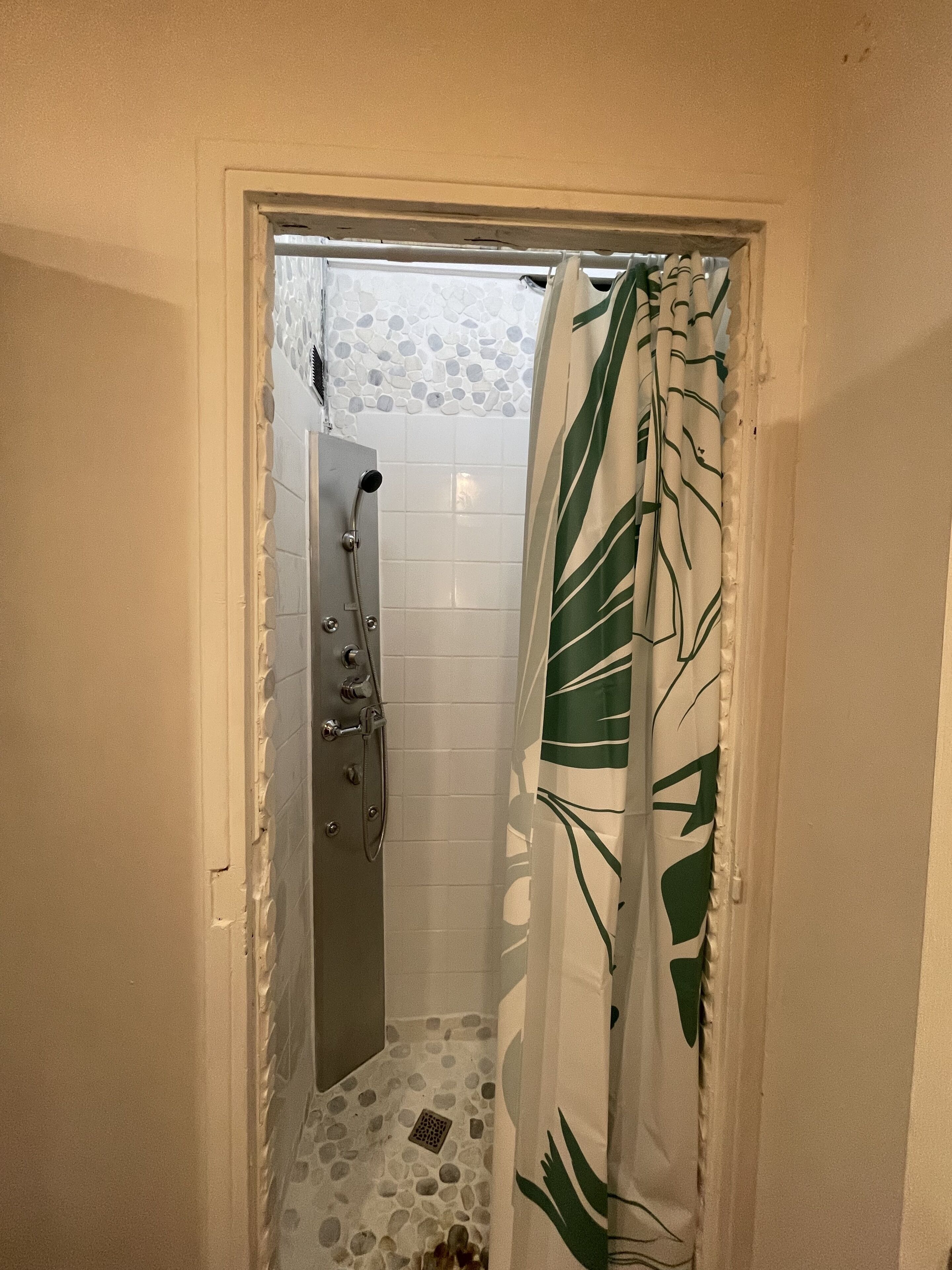 Shower, towels, toilet paper