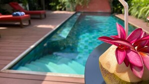 Zona de piscina con terraza de madera, sillas de descanso y planta decorativa.