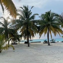 On the beach, white sand, sun-loungers, beach umbrellas