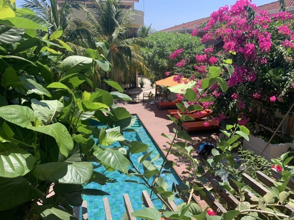 A pool surrounded by lush greenery and vibrant bougainvillea flowers.