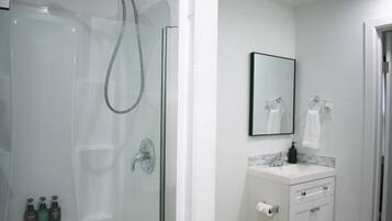 Hair dryer, towels, soap, shampoo