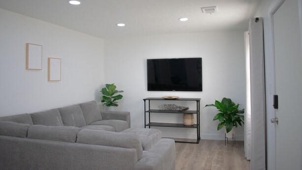 Een moderne woonkamer met een grijze bank, een flatscreen televisie aan de muur en twee potplanten.