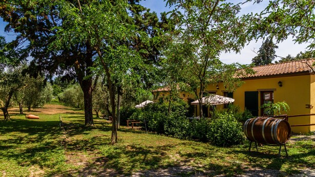 A rustic villa with a yellow facade, surrounded by lush greenery and a gravel path.