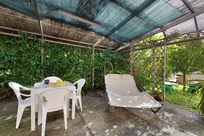 Un patio couvert avec une table et des chaises, un toboggan et une structure en treillis.