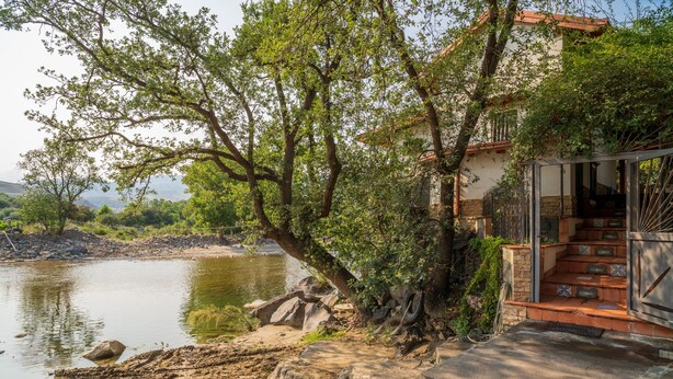 Ein Haus am Flussufer mit einer Steintreppe, die zu einer Holztür führt, umgeben von Bäumen und einem ruhigen Fluss.