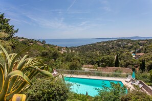 A pool with a view of the sea, surrounded by greenery and houses.