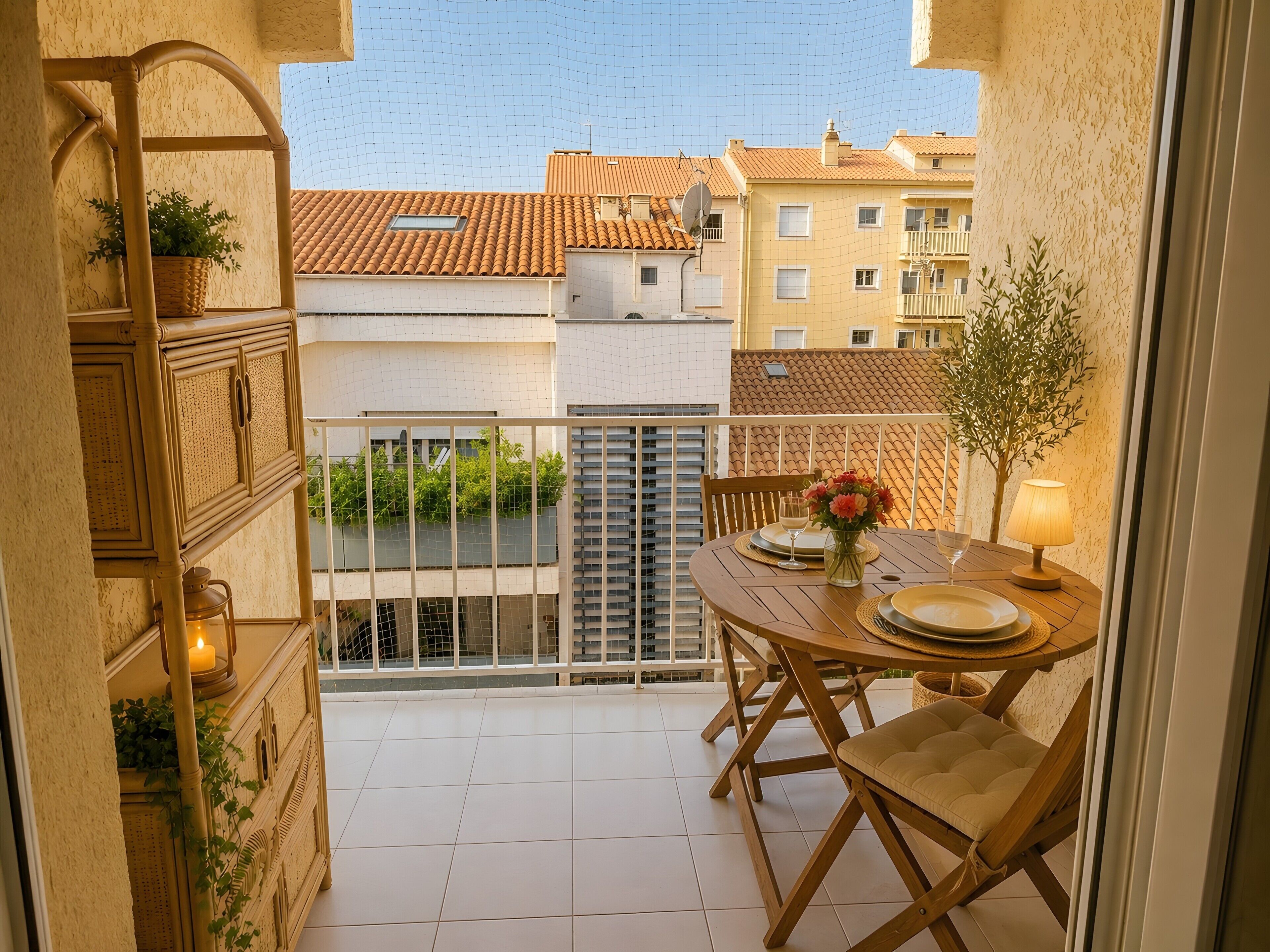 Ein Balkon mit Esstisch für zwei Personen, einem Blumentopf und einer Lampe.
