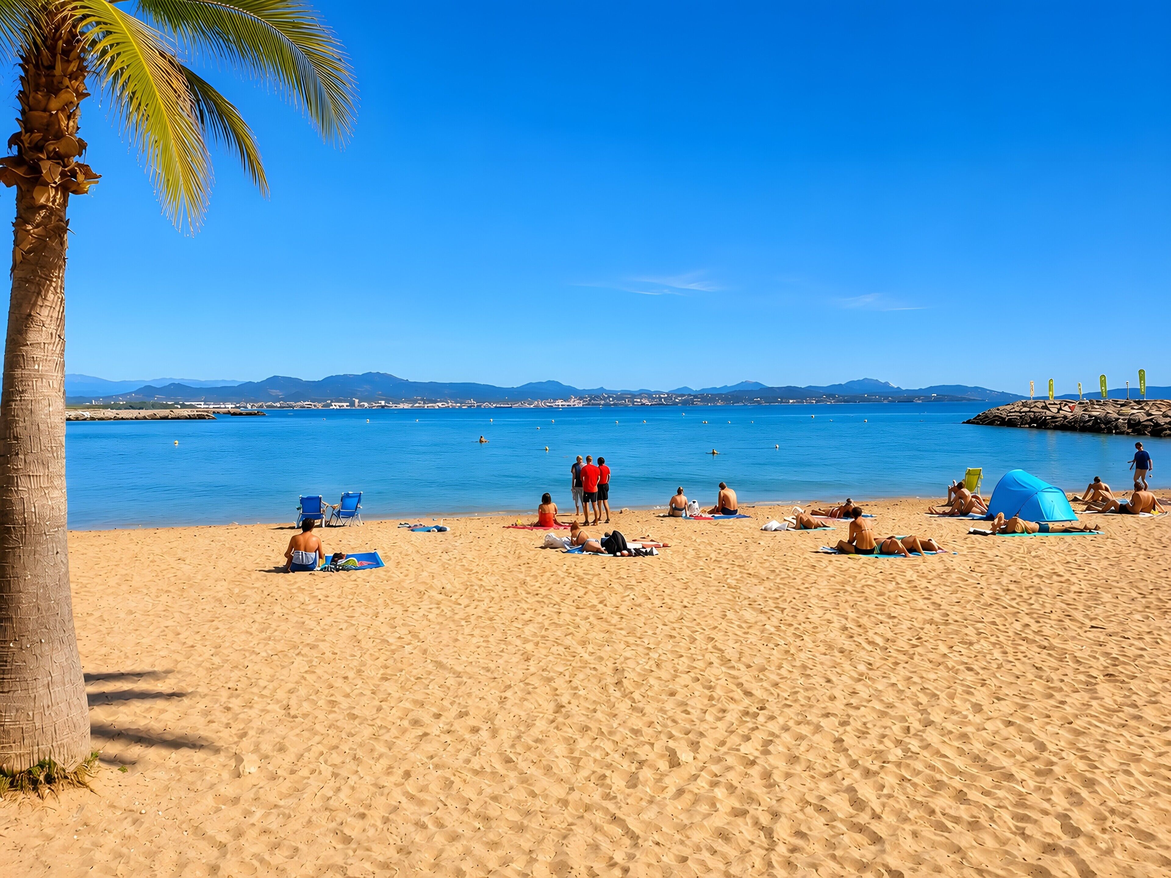 Une plage où l’on peut se détendre au soleil et se baigner, avec des palmiers et un ciel bleu dégagé.
