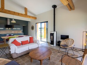 Televisión, chimenea, reproductor de DVD