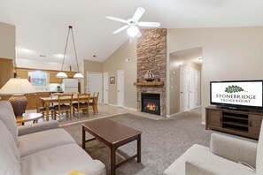 Smart TV, fireplace, DVD player