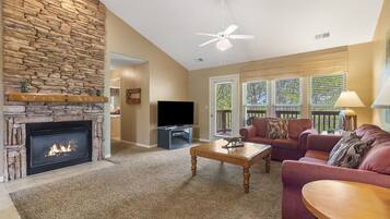 Smart TV, fireplace, DVD player