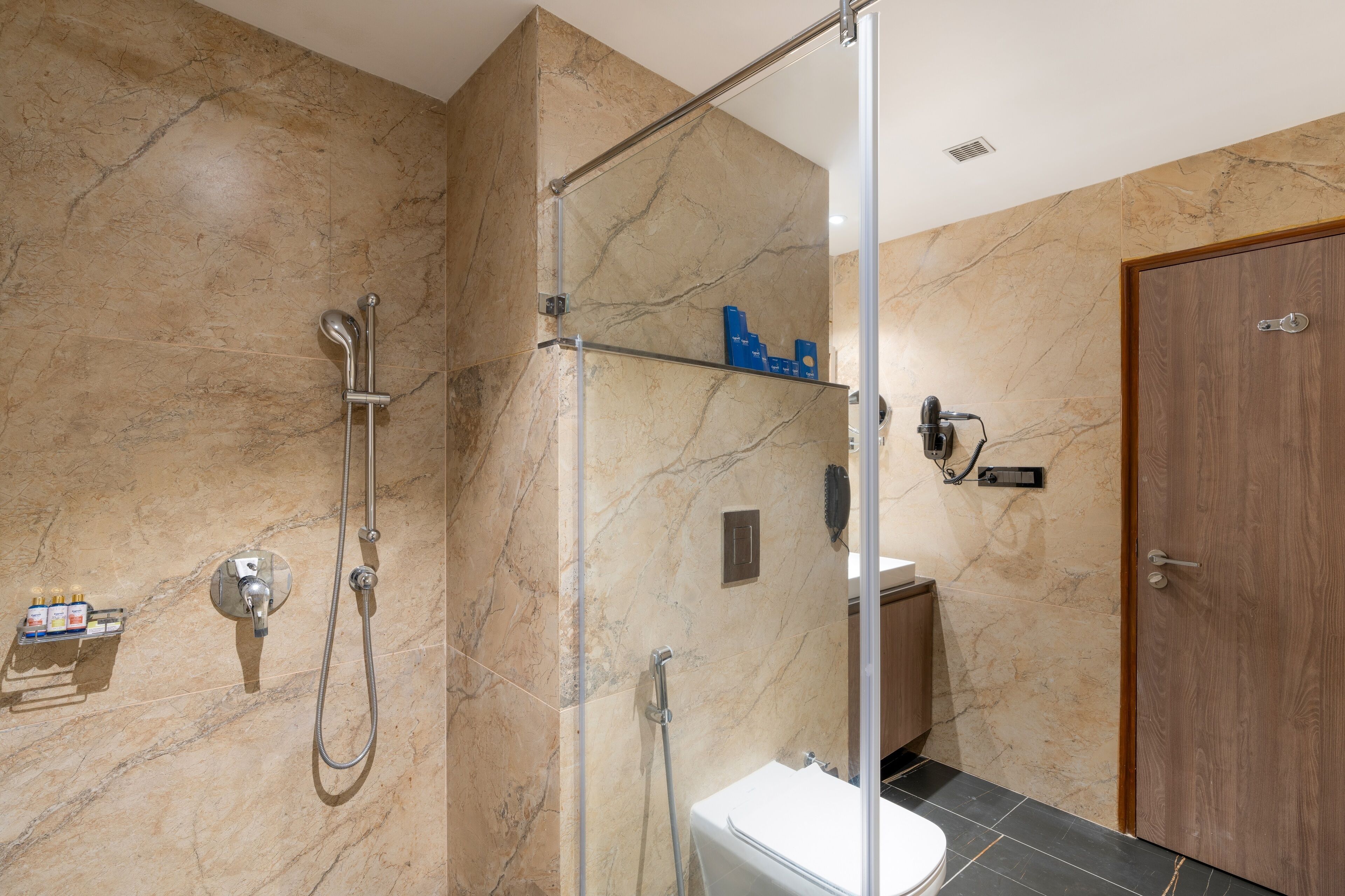Un baño con ducha, inodoro y puerta de madera.