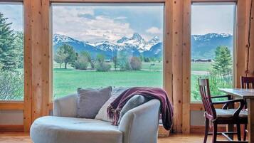 Smart TV, chimenea, bocina smart y estéreo