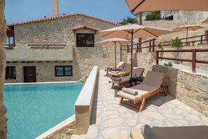 Seasonal outdoor pool, open 8:00 AM to 8:00 PM, pool umbrellas