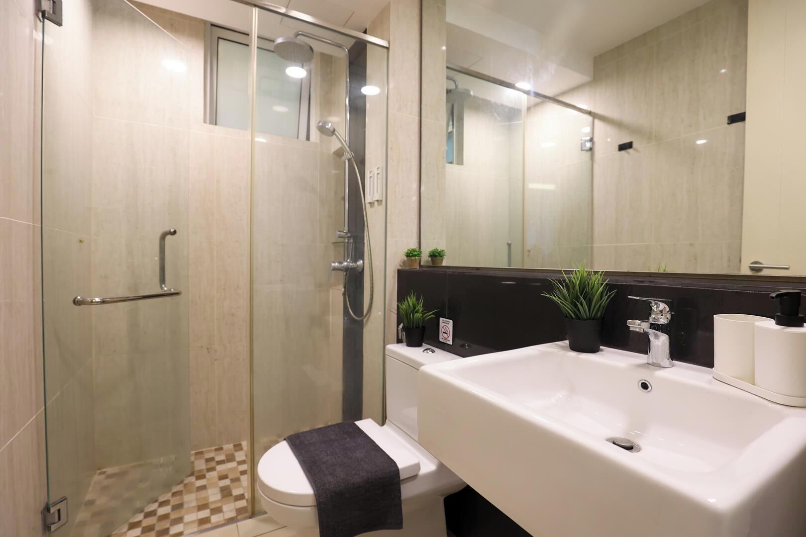 A modern bathroom with a glass-enclosed shower, a white sink, and a toilet.