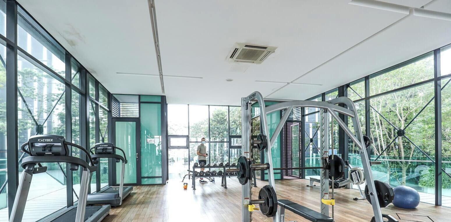 Un gimnasio con equipo cardiovascular, máquinas de pesas y amplias ventanas que ofrecen vistas al verdor.