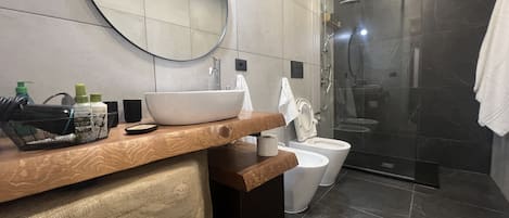 Shower, hair dryer, bidet, towels