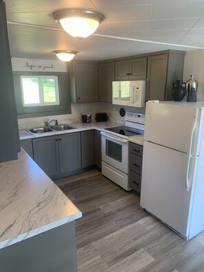 Een koelkast, een microgolfoven, een oven, een kookplaat