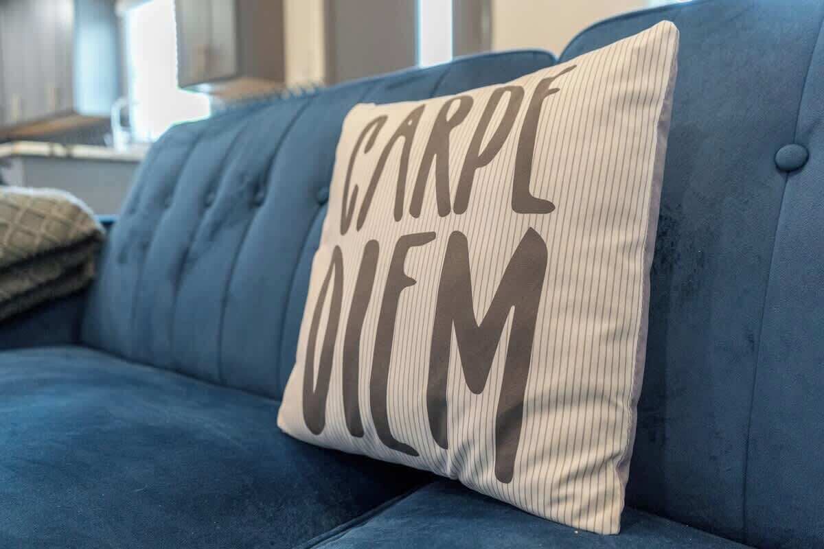 A blue sofa with a cushion that has the text "CARPE VIEM" on it.