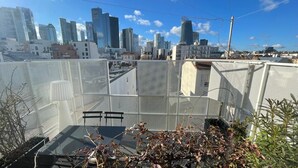 Terraço no telhado com vista para o horizonte urbano, grade de metal e algumas plantas.