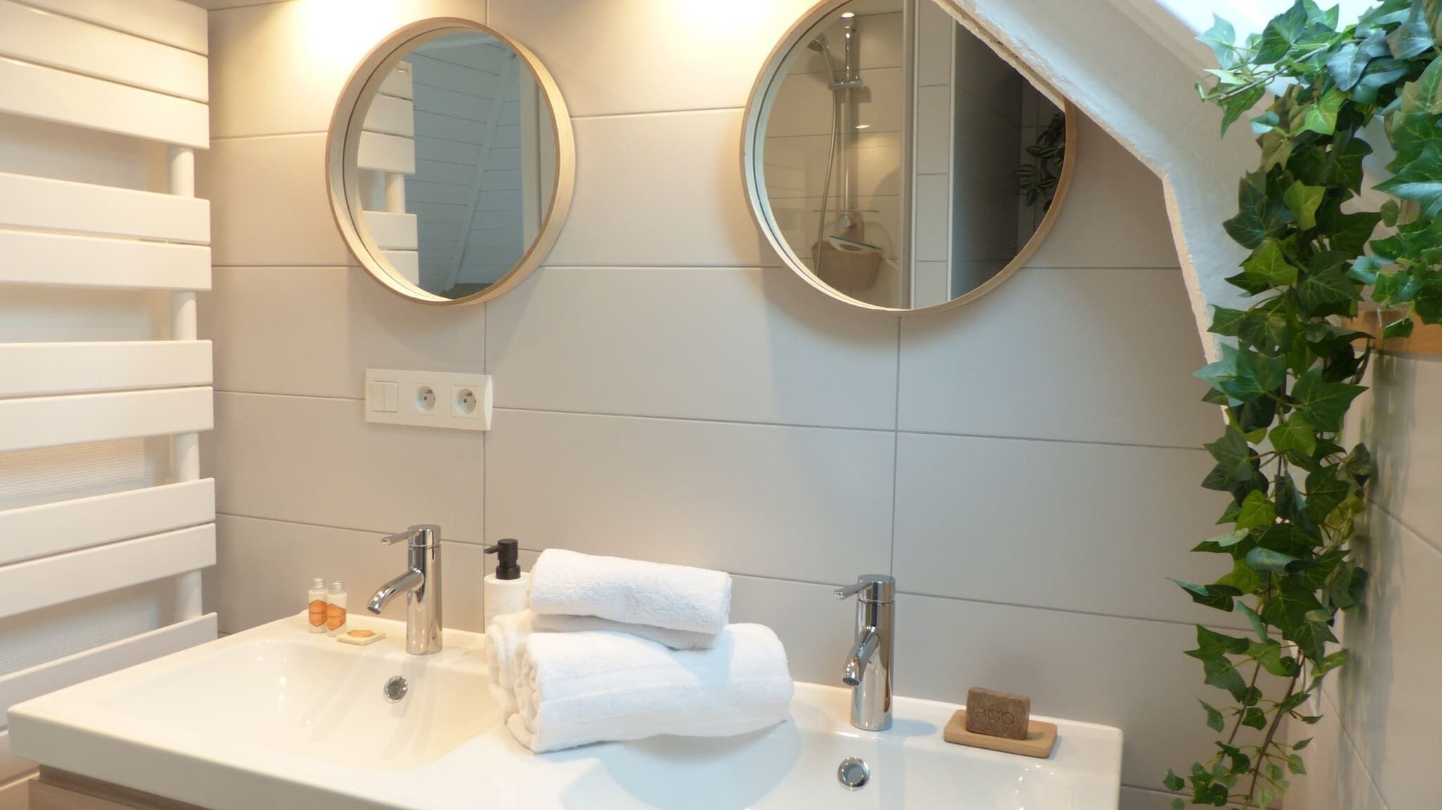 A bathroom with two sinks, a mirror above each, and a showerhead. There are towels and soap on the counter.