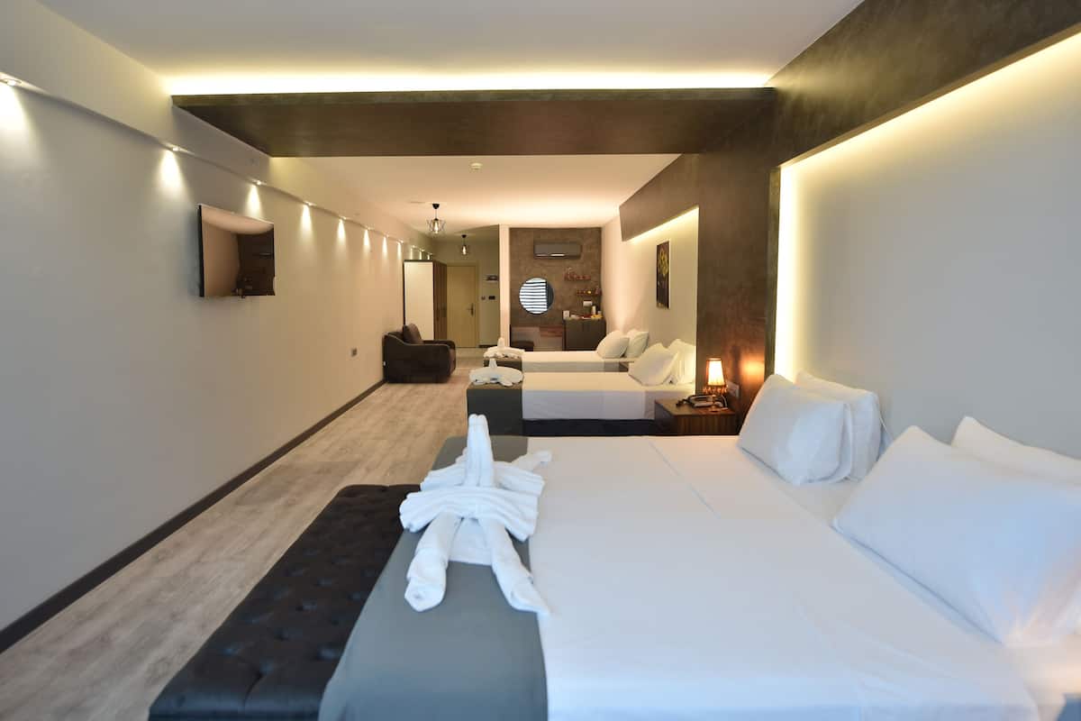 Habitación familiar con 1 cama doble o 2 individuales | Ropa de cama de alta calidad, minibar, caja fuerte y escritorio