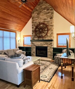 Smart TV, fireplace, table tennis, books