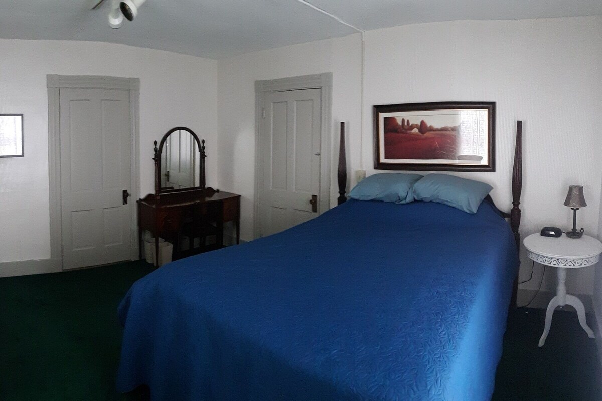 A bedroom with a bed, a dresser, a chair, a door, and a wall-mounted picture.