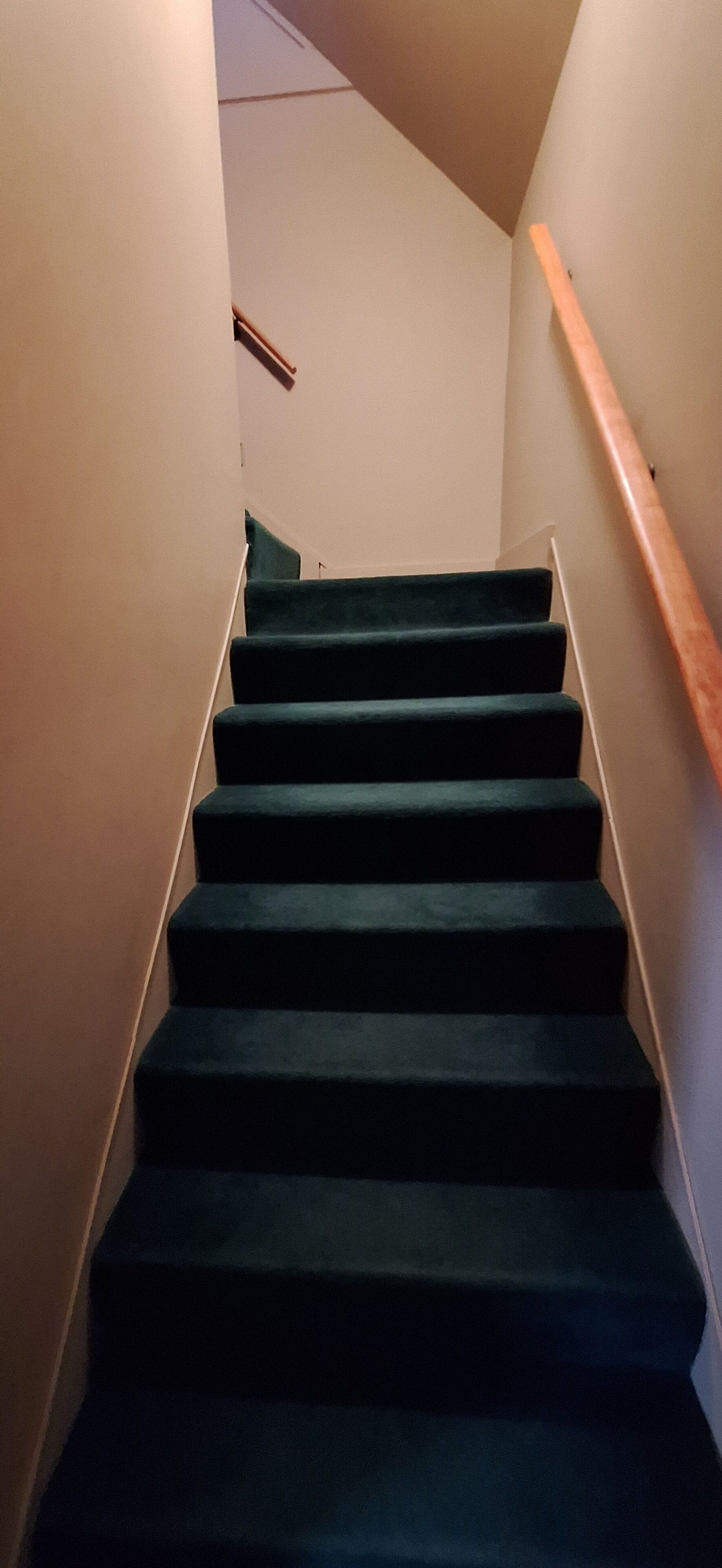 Un escalier avec des marches recouvertes d’une moquette sombre et une rampe en bois, menant à un palier où flotte un petit drapeau.