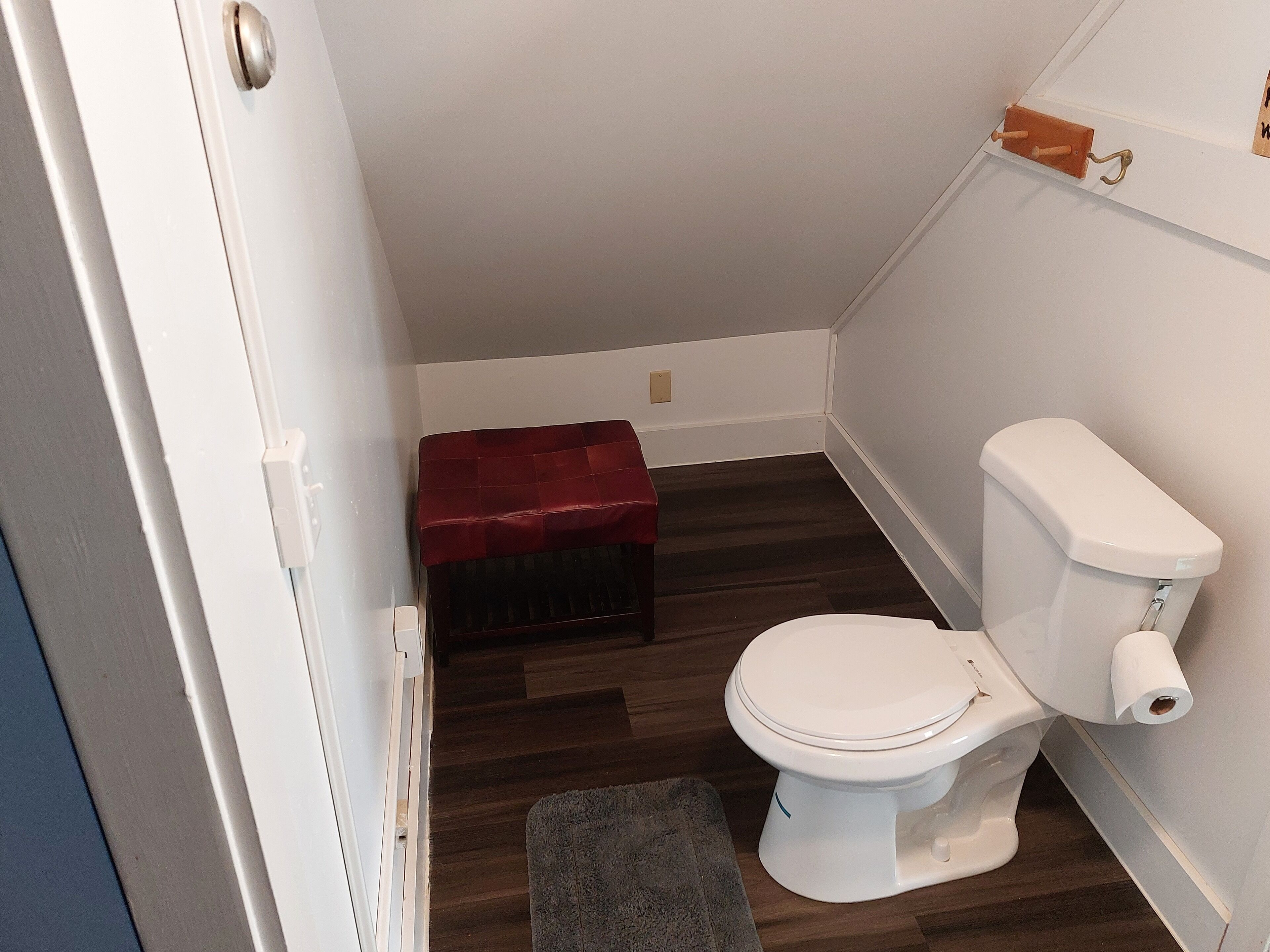 A small, compact bathroom with a white toilet, a red storage bin, and a grey rug on the floor.