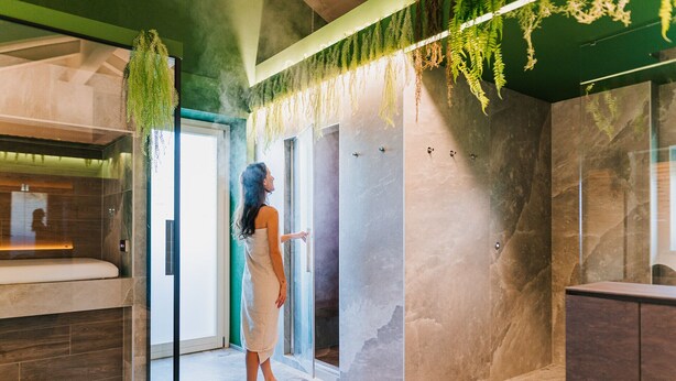 A modern bathroom with a glass shower enclosure, marble walls, and hanging greenery.