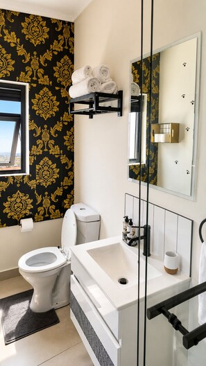 Shower, towels, soap, toilet paper