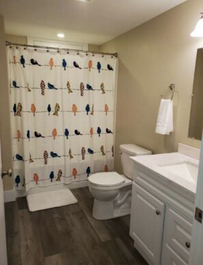 Hair dryer, towels, soap, shampoo