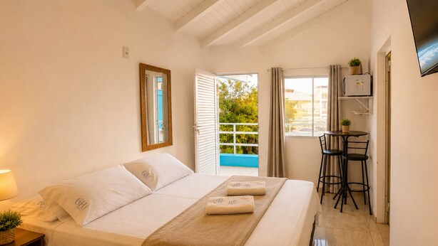 A hotel room with a bed, a bedside table with a lamp, a small table with chairs, a TV mounted on the wall, and a window with curtains. - GH Barra da Lagoa (Florianópolis)