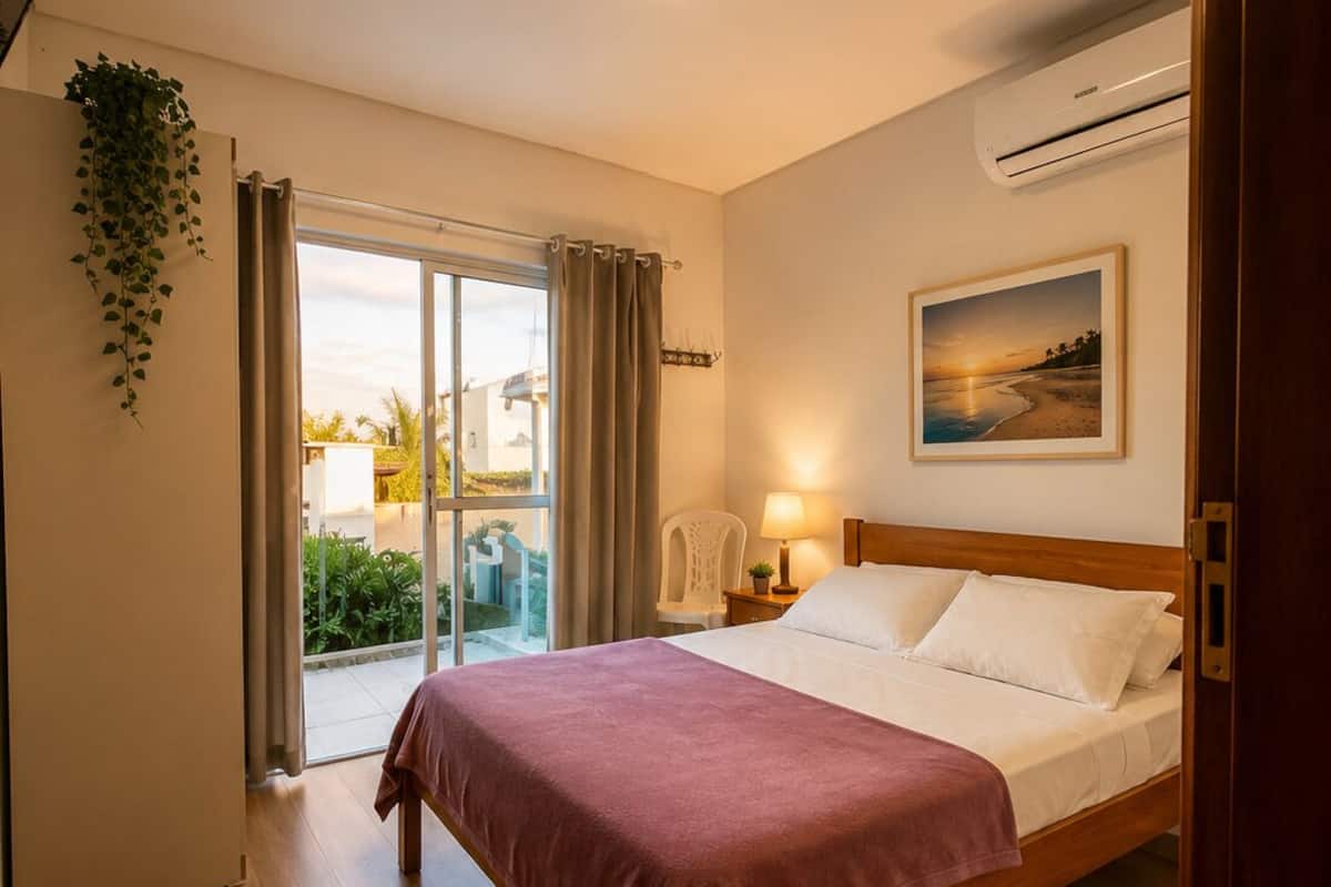 A bedroom with a bed, a window with curtains, a wall-mounted air conditioner, and a framed picture.