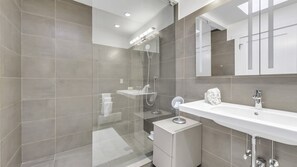 Combined shower/tub, hair dryer, towels