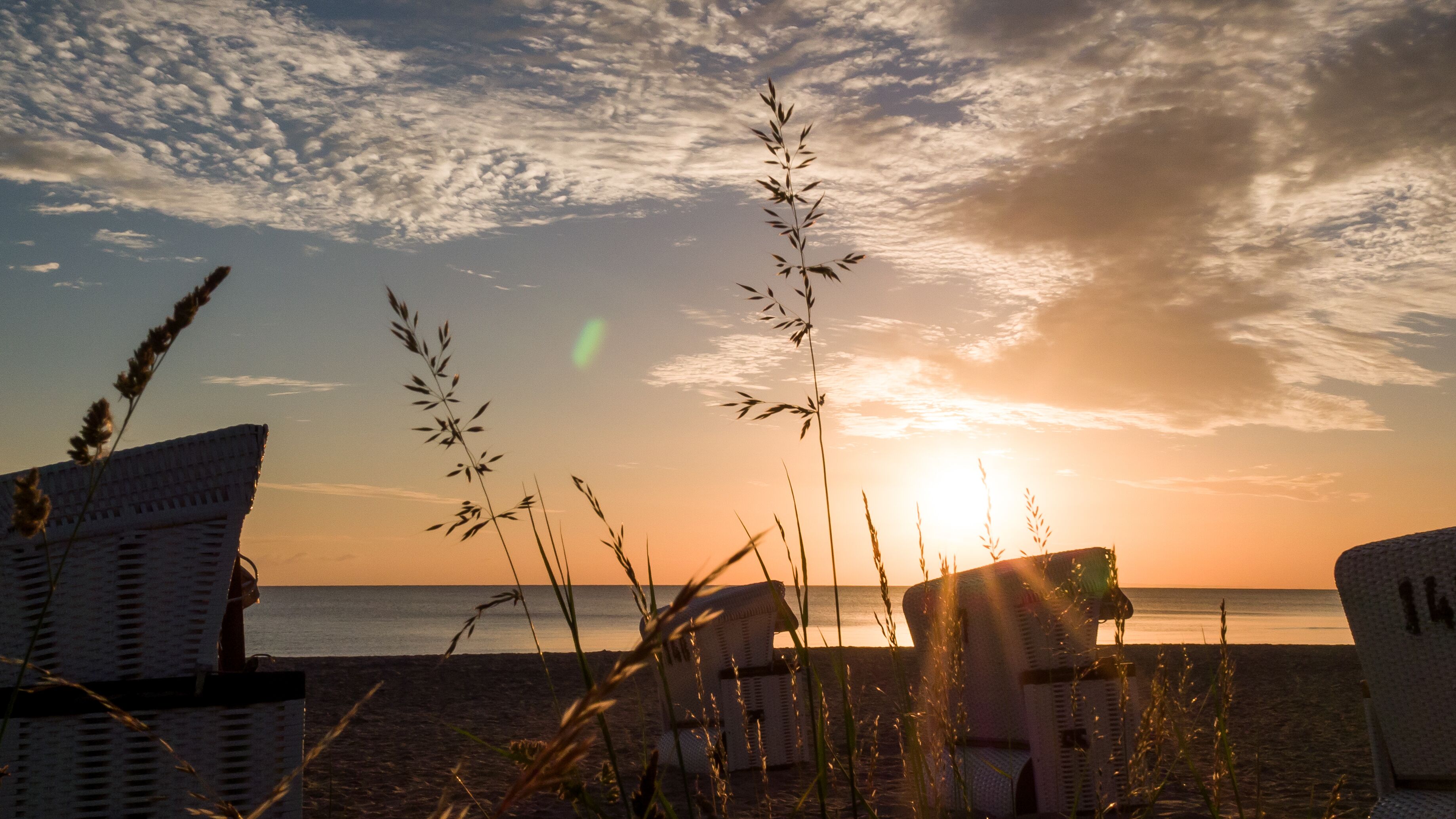 Une scène de plage avec des chaises en osier et de hautes herbes, donnant sur l’océan au coucher du soleil.