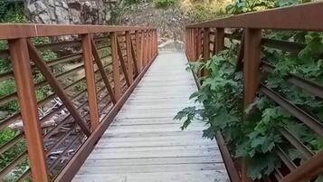 A wooden bridge with metal railings, surrounded by greenery and rocks.
