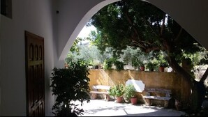 Un cortile esterno con un muro in pietra, piante in vaso e una panchina.