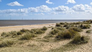 Una playa con aerogeneradores a lo lejos, dunas arenosas y un cielo despejado.