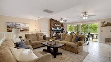 Smart TV, fireplace, books