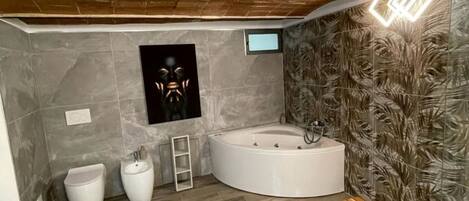 Douche, baignoire à jets, sèche-cheveux, bidet
