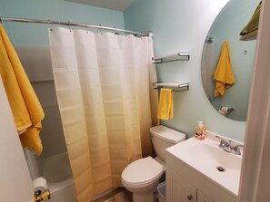 Un baño con cortina de ducha, inodoro, lavabo con espejo y toallas.