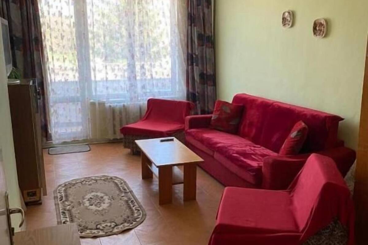 Uma sala de estar com um sofá vermelho, uma mesa de centro de madeira e um tapete estampado.