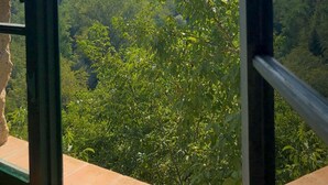 A view from a balcony with a metal railing, overlooking a lush green landscape with hills and trees. - Old ceramic factory close to Unesco itineraries (Sorano)