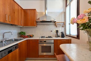 Fridge, microwave, oven, dishwasher