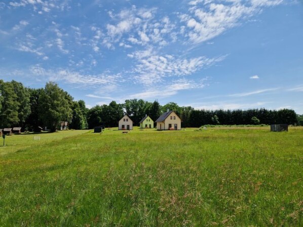 A rural landscape with three small houses and a large field.