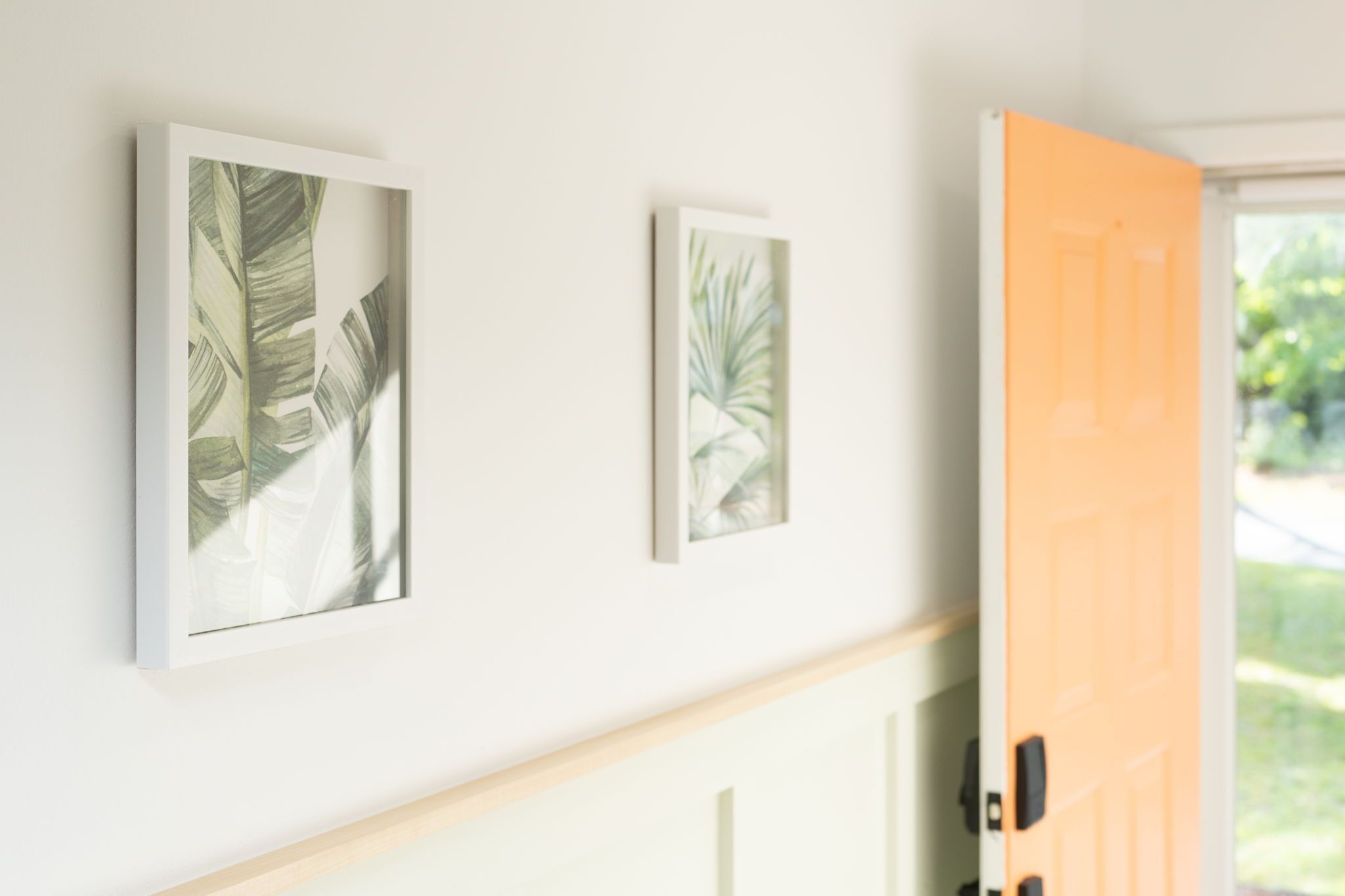 A hallway with two framed botanical prints on the wall and an open door leading outside.